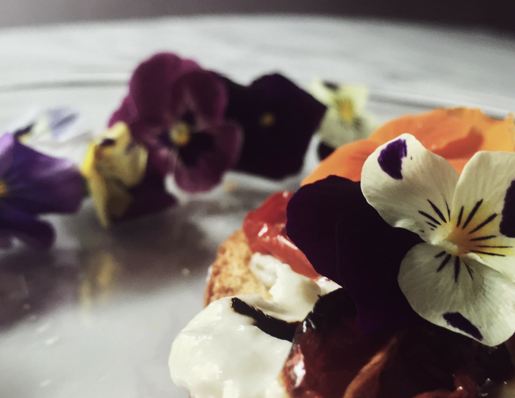 bruschetta con burrata, pomodorini confit e viole del pensiero